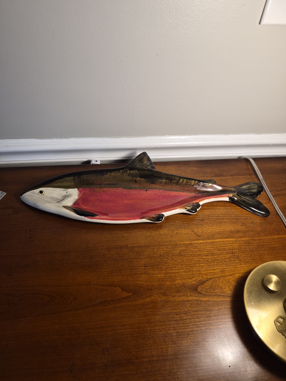 Hand-Painted Christina Boyd Signed Ceramic Coho Salmon Platter in Red and Brown